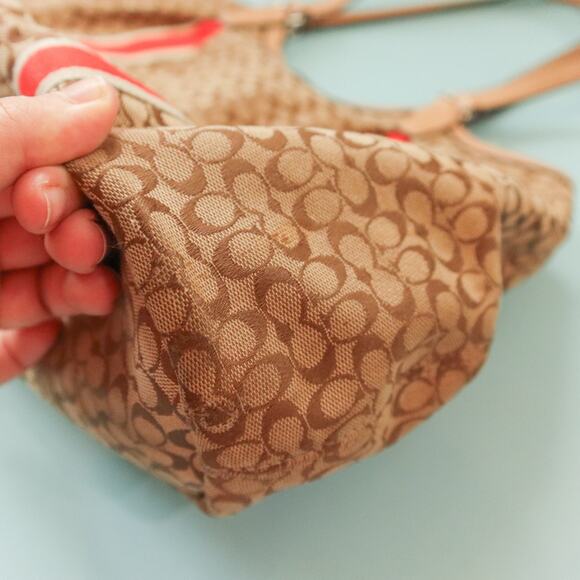 Coach Devin Signature Stripe Orange Top Handle Tote Bag Leather Strap - Picture 4 of 14